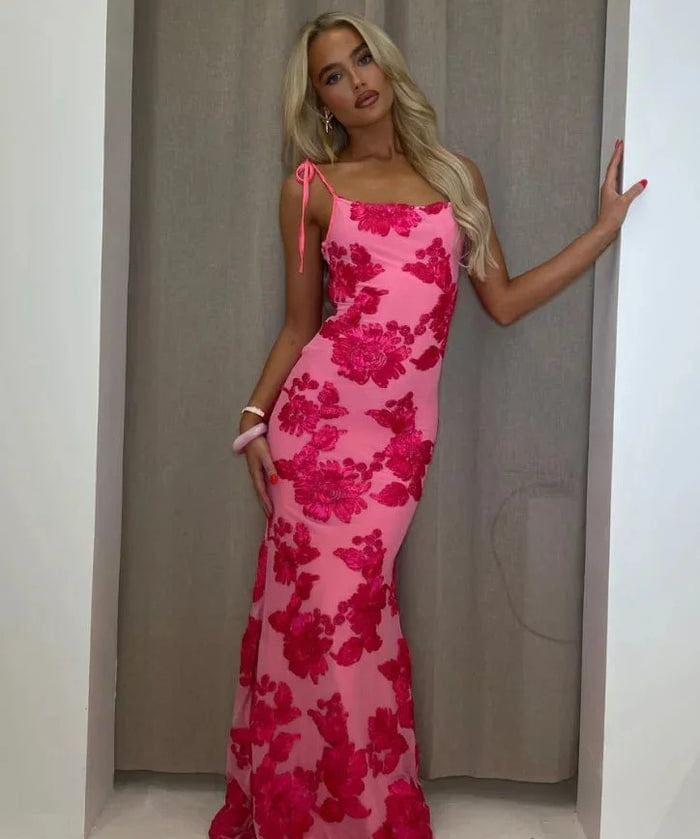 Modinzi Maxi dress Women’s Floral Lace Appliqué Maxi Dress – Spaghetti Strap Evening Gown