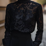 Modinzi tops black Women’s Floral Lace High-Neck Blouse – Long Sleeve Sheer Top