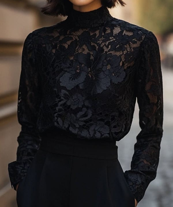 Modinzi tops black Women’s Floral Lace High-Neck Blouse – Long Sleeve Sheer Top