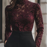Modinzi tops Burgundy Women’s Floral Lace High-Neck Blouse – Long Sleeve Sheer Top