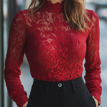 Modinzi tops Red Women’s Floral Lace High-Neck Blouse – Long Sleeve Sheer Top
