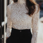 Modinzi tops white Women’s Floral Lace High-Neck Blouse – Long Sleeve Sheer Top