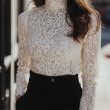 Modinzi tops white Women’s Floral Lace High-Neck Blouse – Long Sleeve Sheer Top