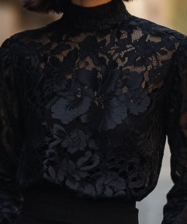 Modinzi tops Women’s Floral Lace High-Neck Blouse – Long Sleeve Sheer Top