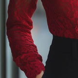 Modinzi tops Women’s Floral Lace High-Neck Blouse – Long Sleeve Sheer Top