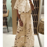 Modinzi Sets Cream / 8 (S) Women’s Floral Lace Two-Piece Set – Cut-Out Shirt & Palazzo Pants