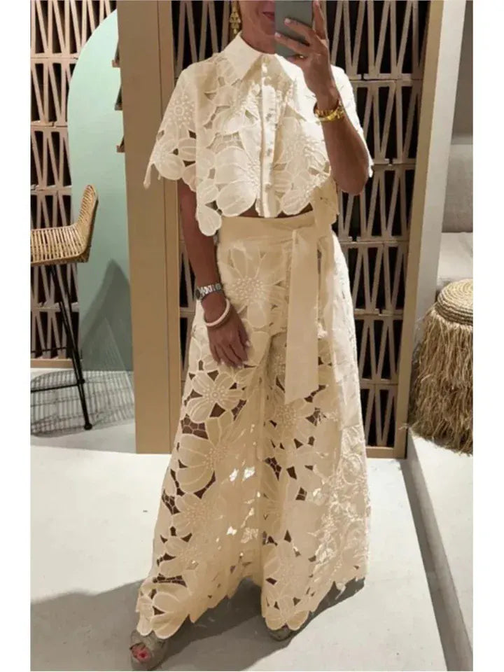 Modinzi Sets Cream / 8 (S) Women’s Floral Lace Two-Piece Set – Cut-Out Shirt & Palazzo Pants