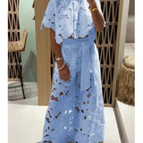 Modinzi Sets light blue / 8 (S) Women’s Floral Lace Two-Piece Set – Cut-Out Shirt & Palazzo Pants