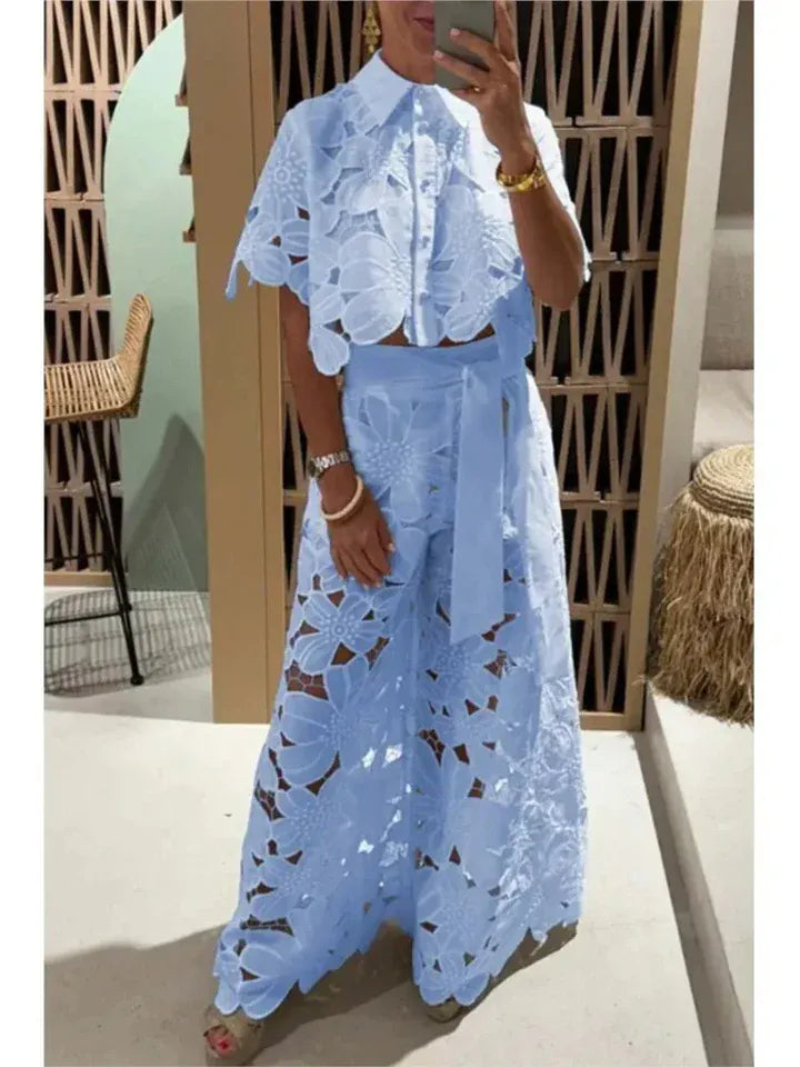 Modinzi Sets light blue / 8 (S) Women’s Floral Lace Two-Piece Set – Cut-Out Shirt & Palazzo Pants