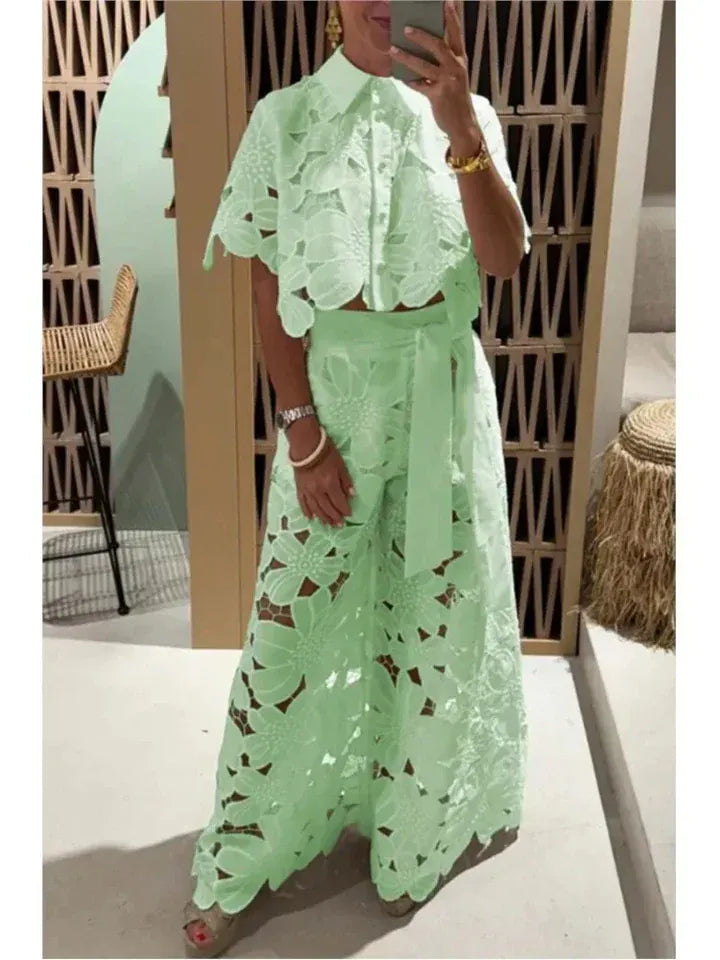 Modinzi Sets Light Green / 8 (S) Women’s Floral Lace Two-Piece Set – Cut-Out Shirt & Palazzo Pants