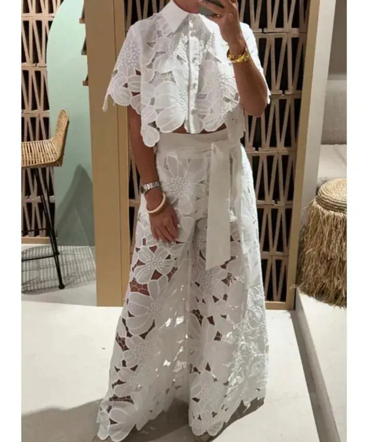 Modinzi Sets white / 8 (S) Women’s Floral Lace Two-Piece Set – Cut-Out Shirt & Palazzo Pants