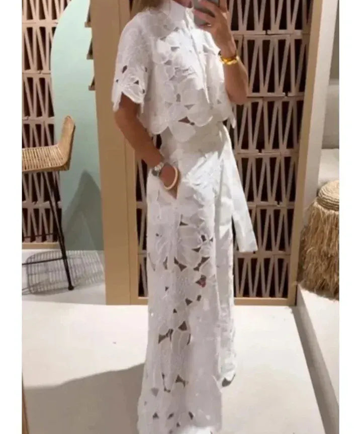 Modinzi Sets Women’s Floral Lace Two-Piece Set – Cut-Out Shirt & Palazzo Pants