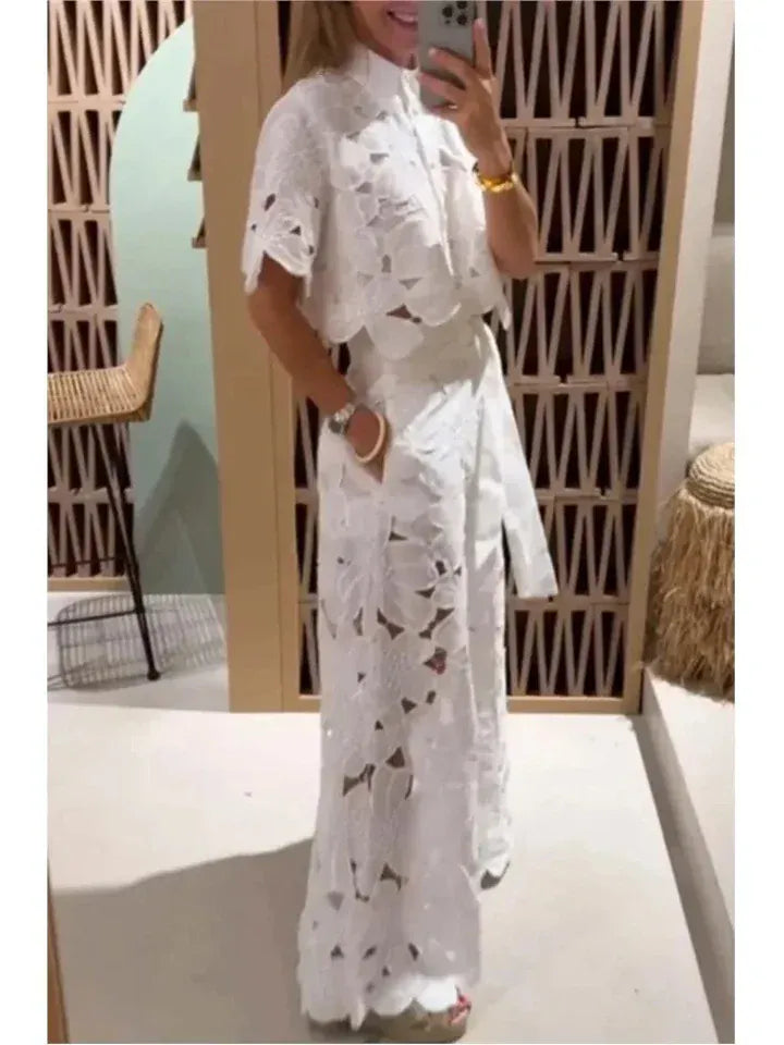 Modinzi Sets Women’s Floral Lace Two-Piece Set – Cut-Out Shirt & Palazzo Pants