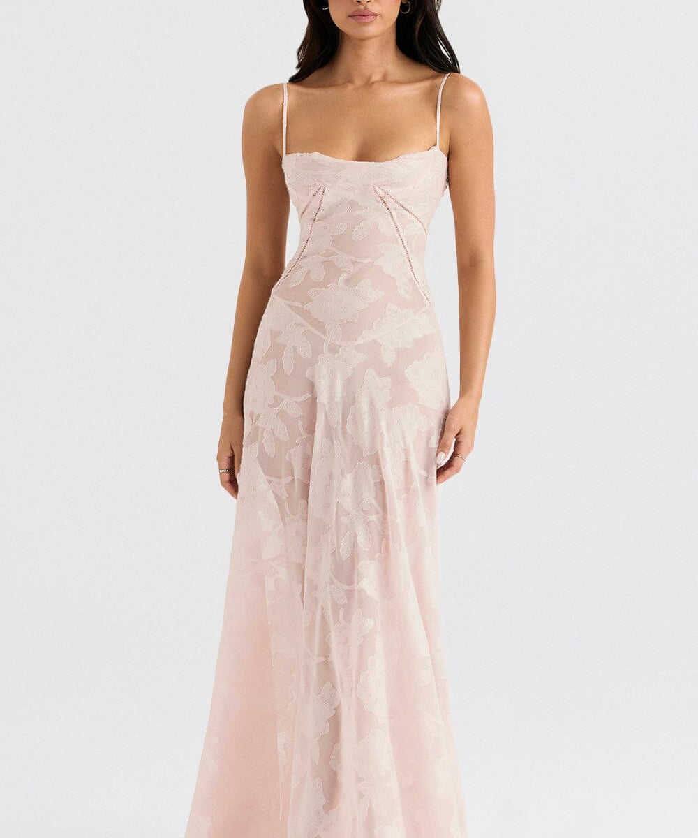 Modinzi Maxi dress Pink / 8 (S) Women’s Floral Lace-Up Maxi Dress – Sheer Textured Embroidered Gown