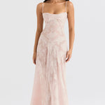Modinzi Maxi dress Pink / 8 (S) Women’s Floral Lace-Up Maxi Dress – Sheer Textured Embroidered Gown