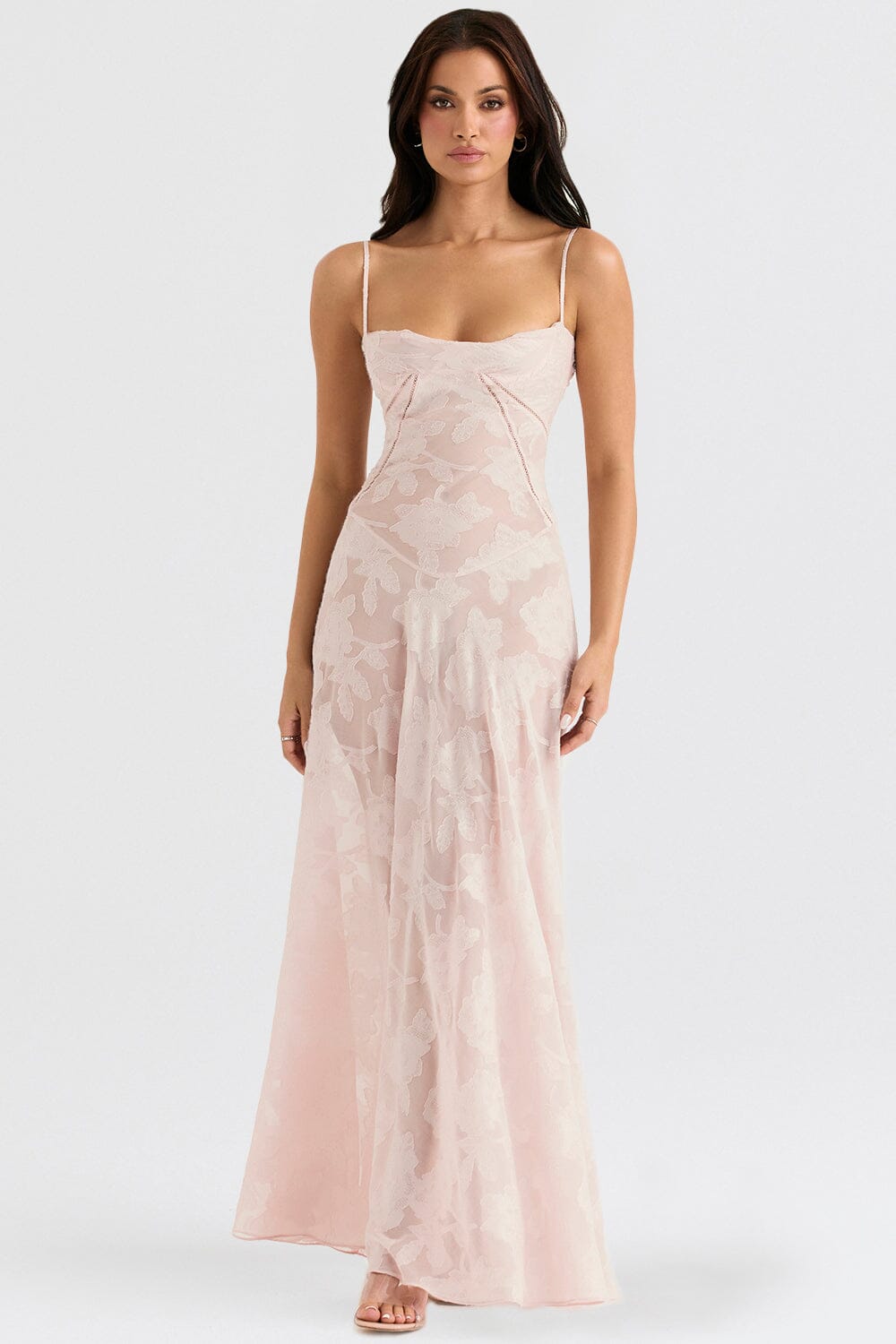 Modinzi Maxi dress Pink / 8 (S) Women’s Floral Lace-Up Maxi Dress – Sheer Textured Embroidered Gown