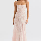Modinzi Maxi dress Pink / 8 (S) Women’s Floral Lace-Up Maxi Dress – Sheer Textured Embroidered Gown