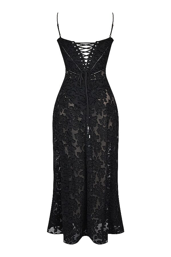 Modinzi Maxi dress Women’s Floral Lace-Up Maxi Dress – Sheer Textured Embroidered Gown