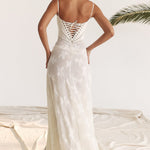 Modinzi Maxi dress Women’s Floral Lace-Up Maxi Dress – Sheer Textured Embroidered Gown