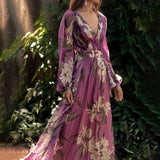 Modinzi Maxi dress Women’s Floral Maxi Dress – Long Sleeve V-Neck Flowing Chiffon Gown