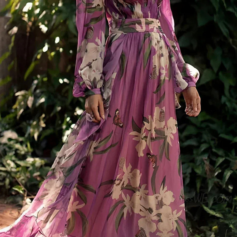 Modinzi Maxi dress Women’s Floral Maxi Dress – Long Sleeve V-Neck Flowing Chiffon Gown