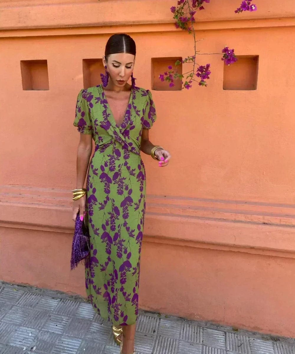 Modinzi Maxi dress Green / 8 (S) Women’s Floral Midi Dress – V-Neck Wrap Style with Puff Sleeves