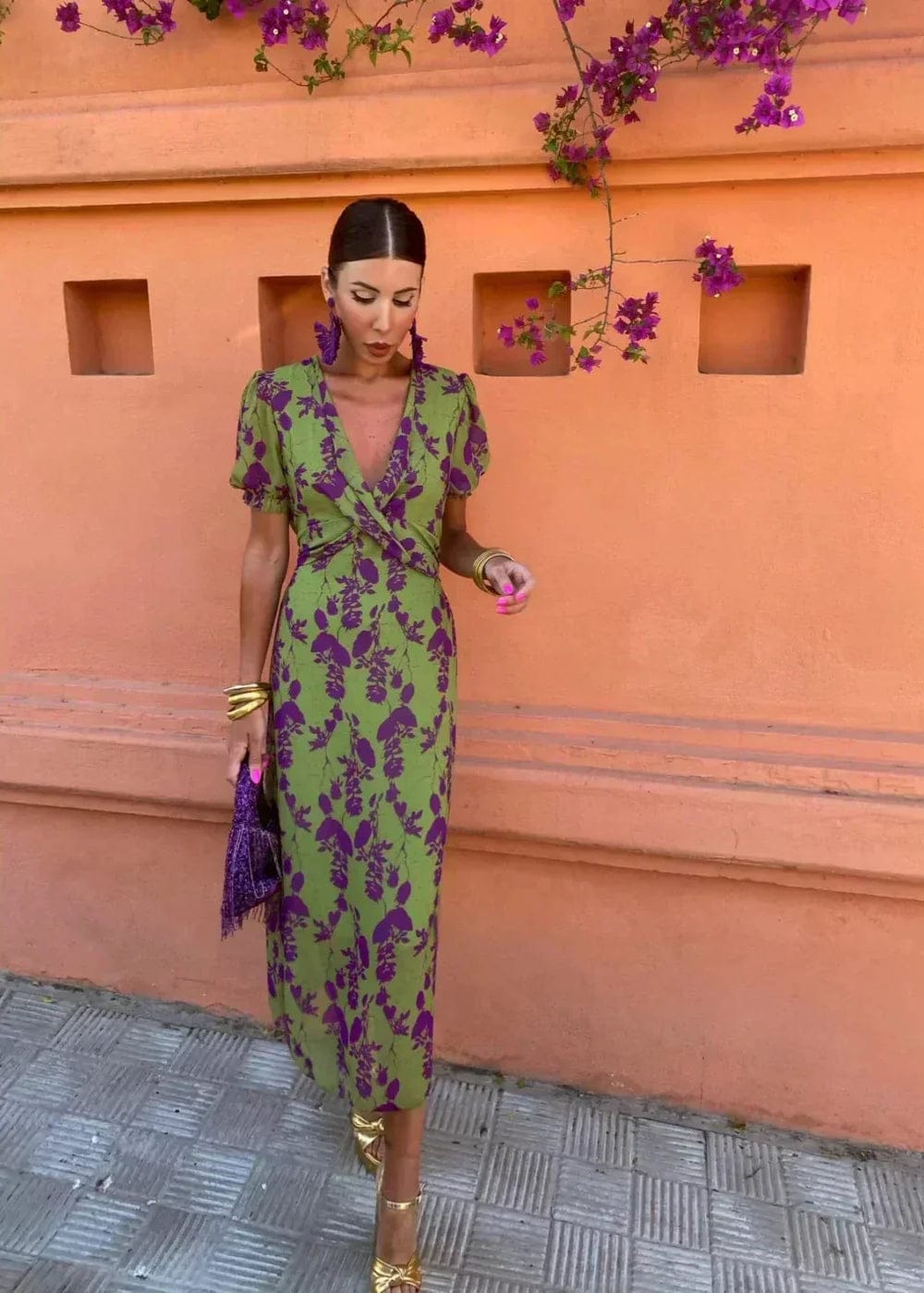 Modinzi Maxi dress Green / 8 (S) Women’s Floral Midi Dress – V-Neck Wrap Style with Puff Sleeves