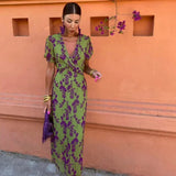 Modinzi Maxi dress Green / 8 (S) Women’s Floral Midi Dress – V-Neck Wrap Style with Puff Sleeves