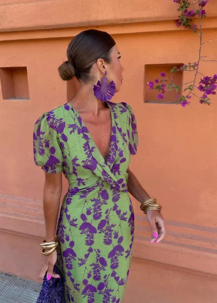 Modinzi Maxi dress Women’s Floral Midi Dress – V-Neck Wrap Style with Puff Sleeves