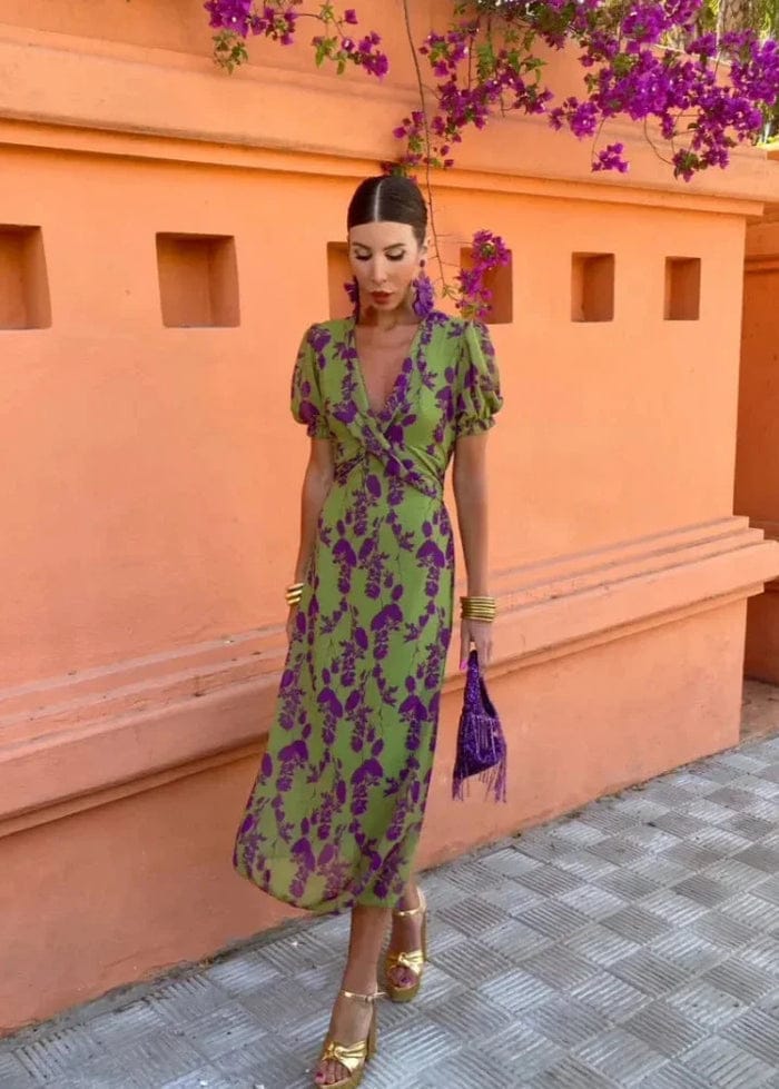 Modinzi Maxi dress Women’s Floral Midi Dress – V-Neck Wrap Style with Puff Sleeves