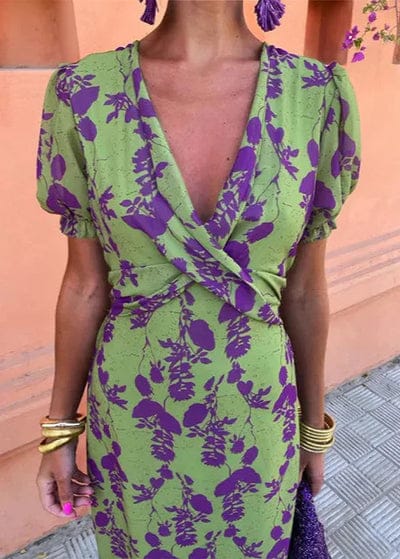 Modinzi Maxi dress Women’s Floral Midi Dress – V-Neck Wrap Style with Puff Sleeves