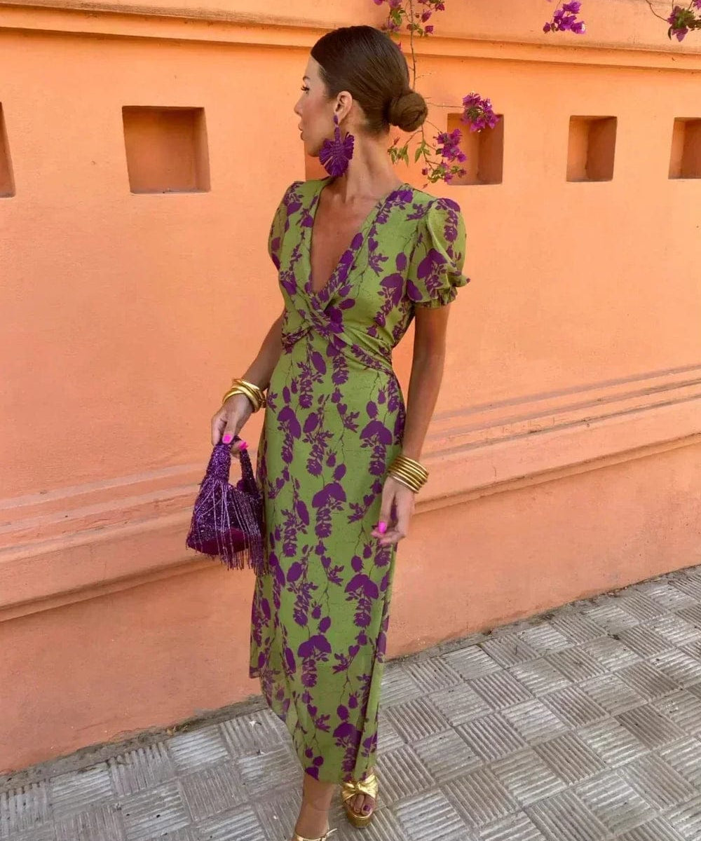 Modinzi Maxi dress Women’s Floral Midi Dress – V-Neck Wrap Style with Puff Sleeves