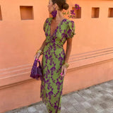 Modinzi Maxi dress Women’s Floral Midi Dress – V-Neck Wrap Style with Puff Sleeves