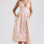 Modinzi Midi dress Pink / 8 (S) Women’s Floral Midi Dress – V-Neckline Corset Style with Pockets