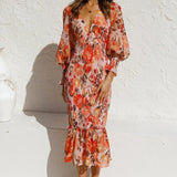 Modinzi Midi dress Floral / 8 (S) Women’s Floral Print Chiffon Midi Dress – Puff Sleeve Smocked Waist Cocktail Dress