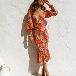 Modinzi Midi dress Women’s Floral Print Chiffon Midi Dress – Puff Sleeve Smocked Waist Cocktail Dress