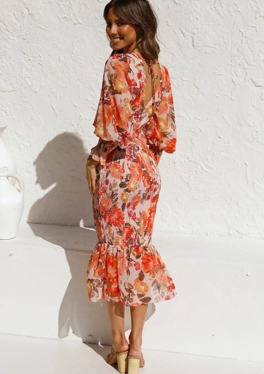 Modinzi Midi dress Women’s Floral Print Chiffon Midi Dress – Puff Sleeve Smocked Waist Cocktail Dress