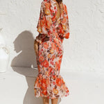 Modinzi Midi dress Women’s Floral Print Chiffon Midi Dress – Puff Sleeve Smocked Waist Cocktail Dress