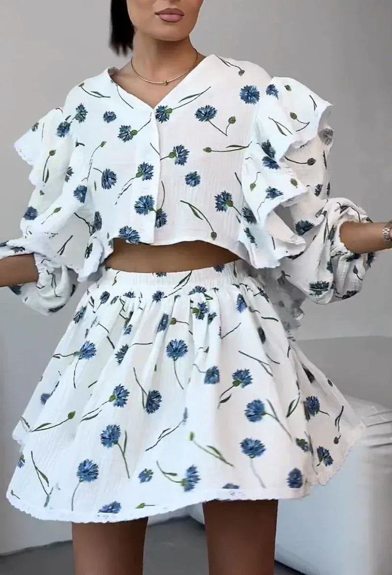 Modinzi Sets Blue blossom floral / 8 (S) Women’s Floral Ruffle Sleeve Two-Piece Set – Button Front Top & High-Waist Shorts