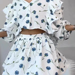 Modinzi Sets Blue blossom floral / 8 (S) Women’s Floral Ruffle Sleeve Two-Piece Set – Button Front Top & High-Waist Shorts