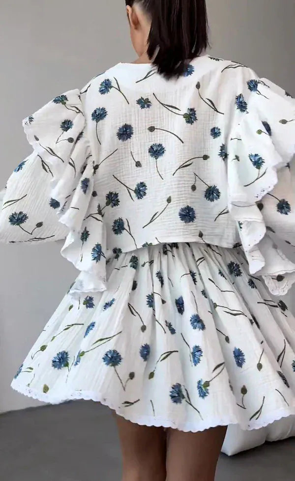 Modinzi Sets Women’s Floral Ruffle Sleeve Two-Piece Set – Button Front Top & High-Waist Shorts