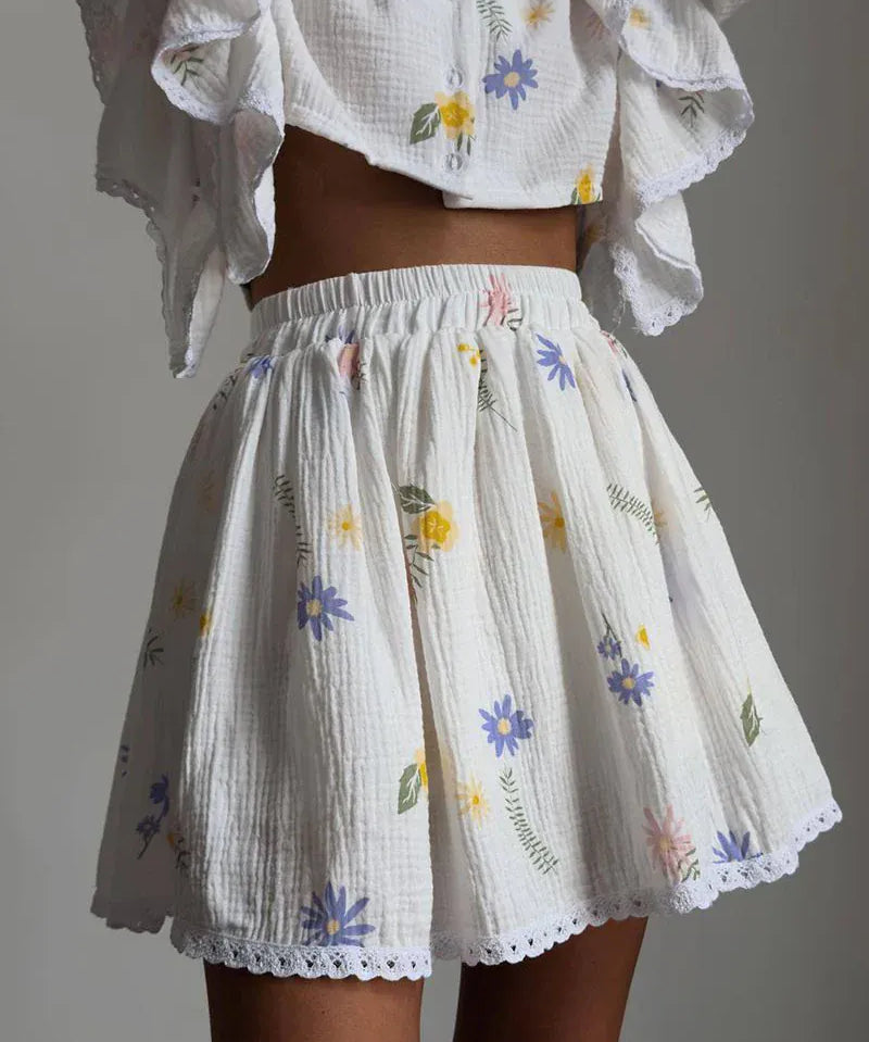 Modinzi Sets Women’s Floral Ruffle Sleeve Two-Piece Set – Button Front Top & High-Waist Shorts