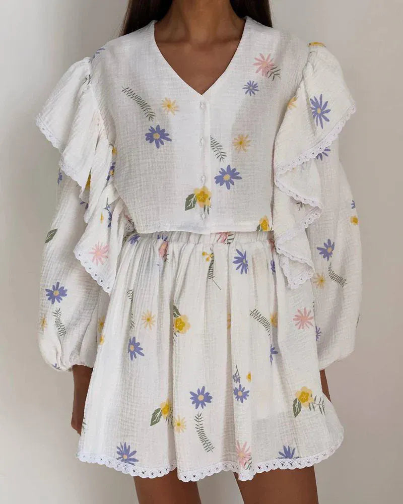 Modinzi Sets Yellow + purple floral / 8 (S) Women’s Floral Ruffle Sleeve Two-Piece Set – Button Front Top & High-Waist Shorts