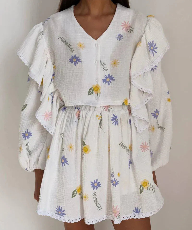 Modinzi Sets Yellow + purple floral / 8 (S) Women’s Floral Ruffle Sleeve Two-Piece Set – Button Front Top & High-Waist Shorts