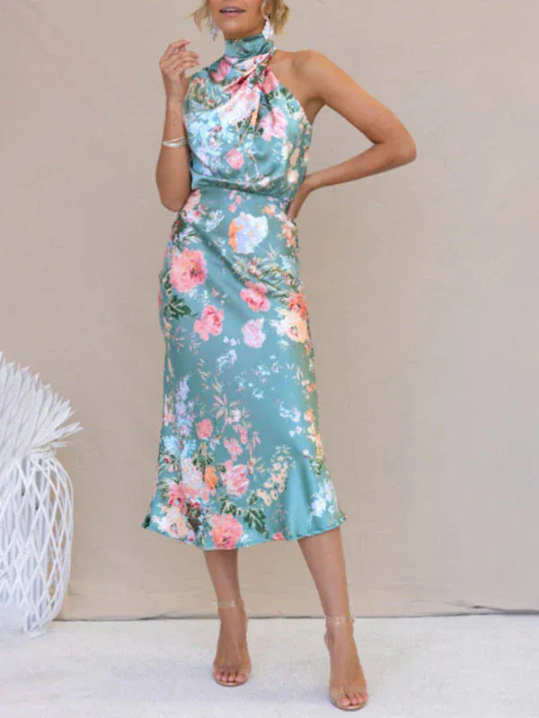 Modinzi Midi dress Blue / 8 (S) Women’s Floral Satin Halter Neck Midi Dress – Elegant Sleeveless Cocktail Dress