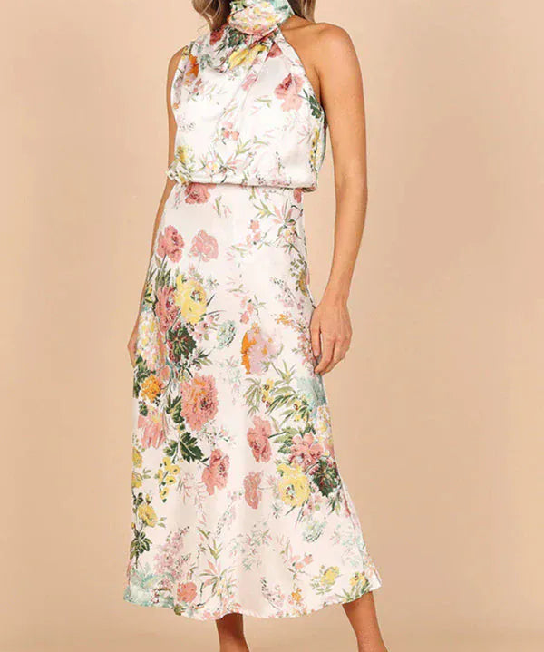 Modinzi Midi dress white / 8 (S) Women’s Floral Satin Halter Neck Midi Dress – Elegant Sleeveless Cocktail Dress
