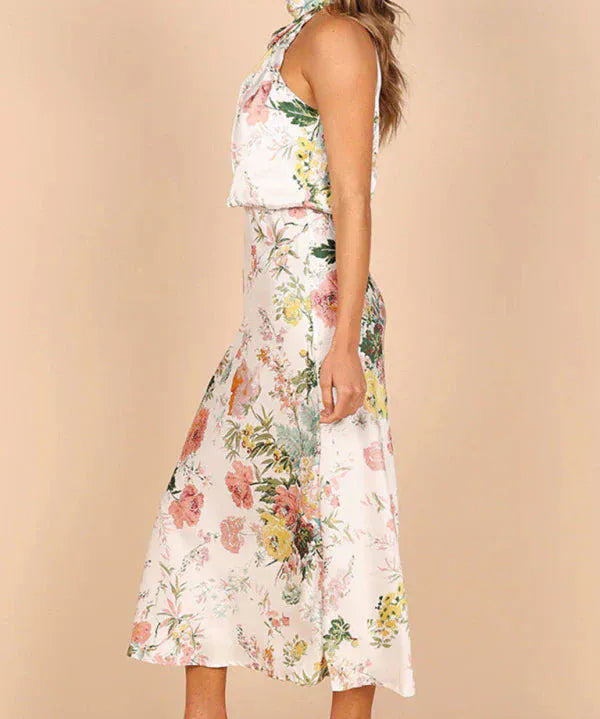Modinzi Midi dress Women’s Floral Satin Halter Neck Midi Dress – Elegant Sleeveless Cocktail Dress