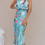 Modinzi Midi dress Women’s Floral Satin Halter Neck Midi Dress – Elegant Sleeveless Cocktail Dress