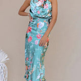 Modinzi Midi dress Women’s Floral Satin Halter Neck Midi Dress – Elegant Sleeveless Cocktail Dress