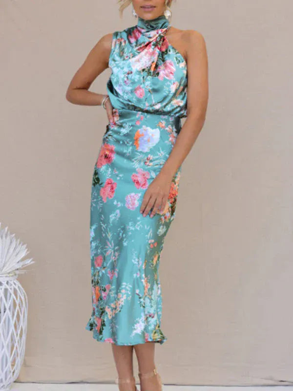 Modinzi Midi dress Women’s Floral Satin Halter Neck Midi Dress – Elegant Sleeveless Cocktail Dress